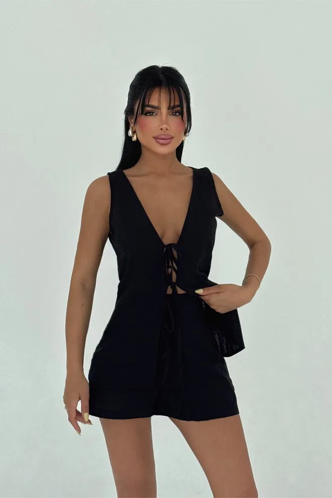 EYYO ATELIER Conjunto Negro Elegante Slim Fit Con Falda Plisada Mini Ropa al por mayor Casual