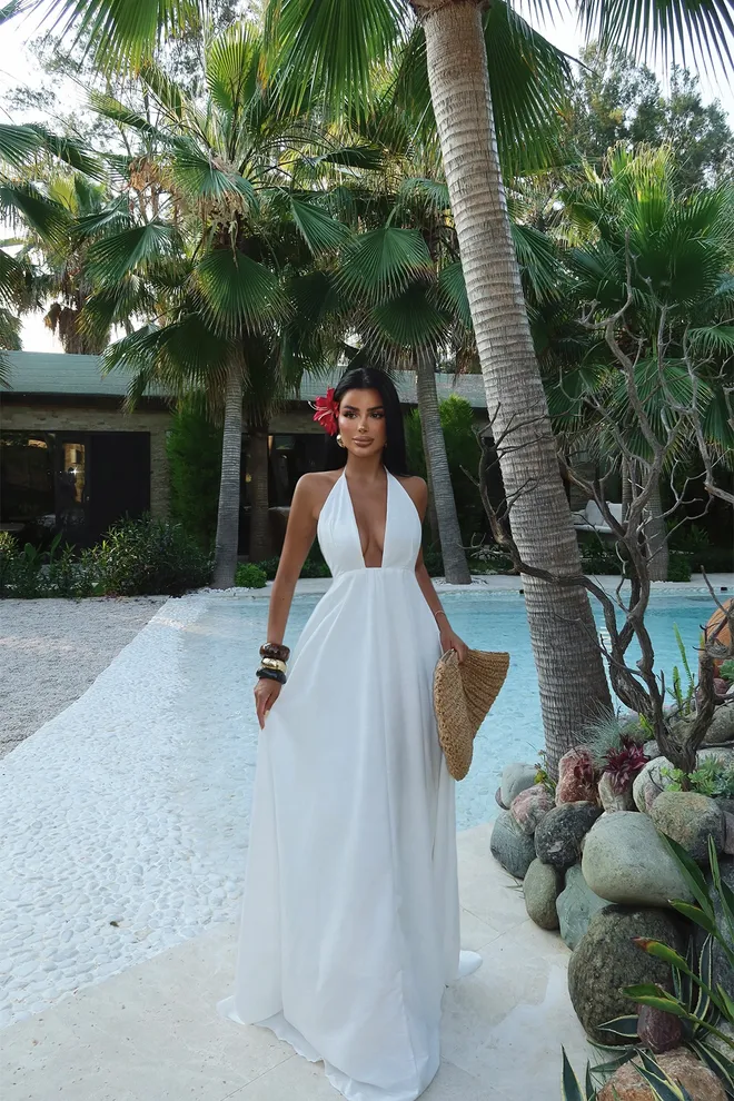 EYYO ATELIER White Wrap Dress With Cowl Neck Sleeveless Floor Length Wholesale Clothing Casual