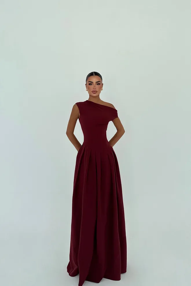 EYYO ATELIER Rochie Elegantă Roșu Bordo Tip A Cu Decolteu Pe Un Singur Umăr Îmbrăcăminte cu ridicata Sexy