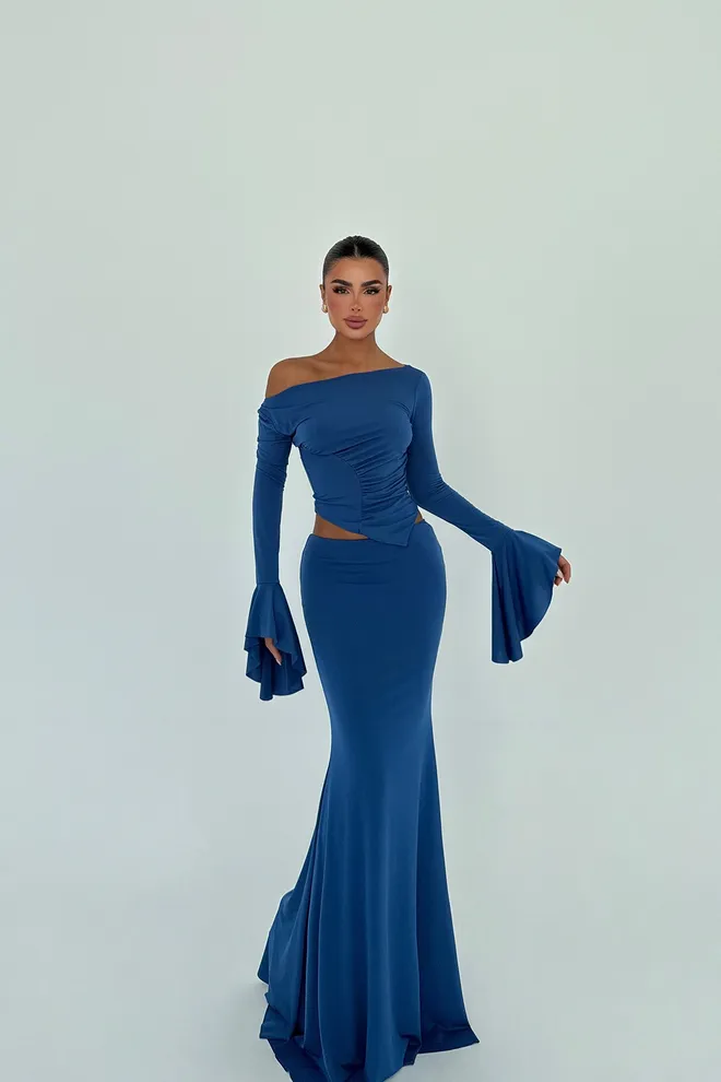 EYYO ATELIER Set Modra Eleganten Glam Vgrajeno Sirena Maxi Oblačila na debelo Seksi