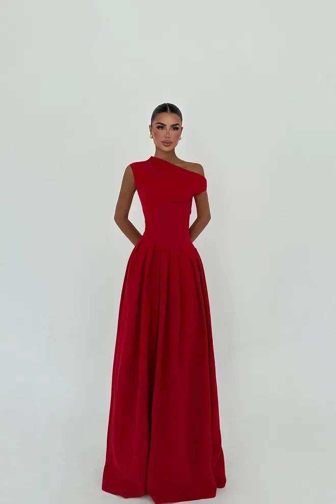 EYYO ATELIER Црвена Елегантна А лине Хаљина Са Једнораменим Вратом Велепродаја одеће Формални