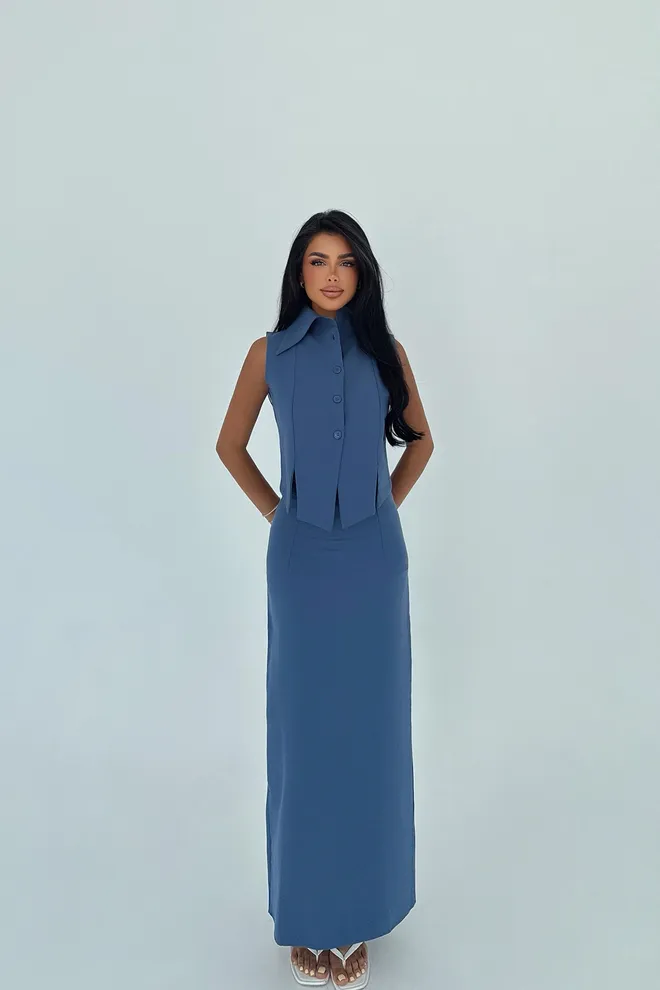 EYYO ATELIER Eleganten Modri Set Na Gumbe Oblačila na debelo Formalno