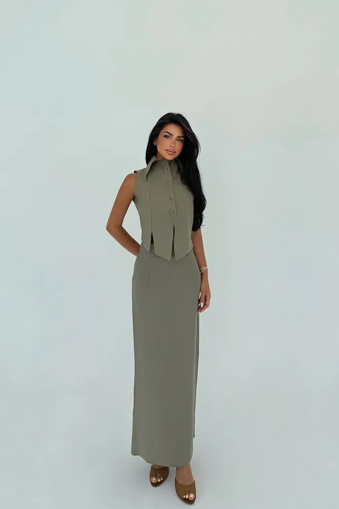 EYYO ATELIER Conjunto Elegante Entallado Falda Lápiz Maxi Caqui Ropa al por mayor Modesto