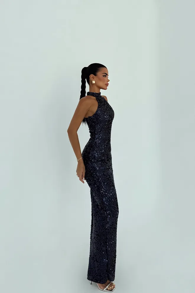 EYYO ATELIER Marineblauwe Glamoureuze Mouwloze Pailletten Bodycon Jurk Groothandel Kleding 1