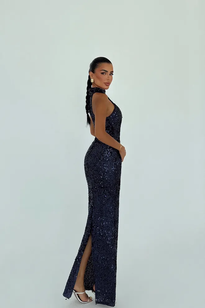 EYYO ATELIER Marineblauwe Glamoureuze Mouwloze Pailletten Bodycon Jurk Groothandel Kleding Cocktail