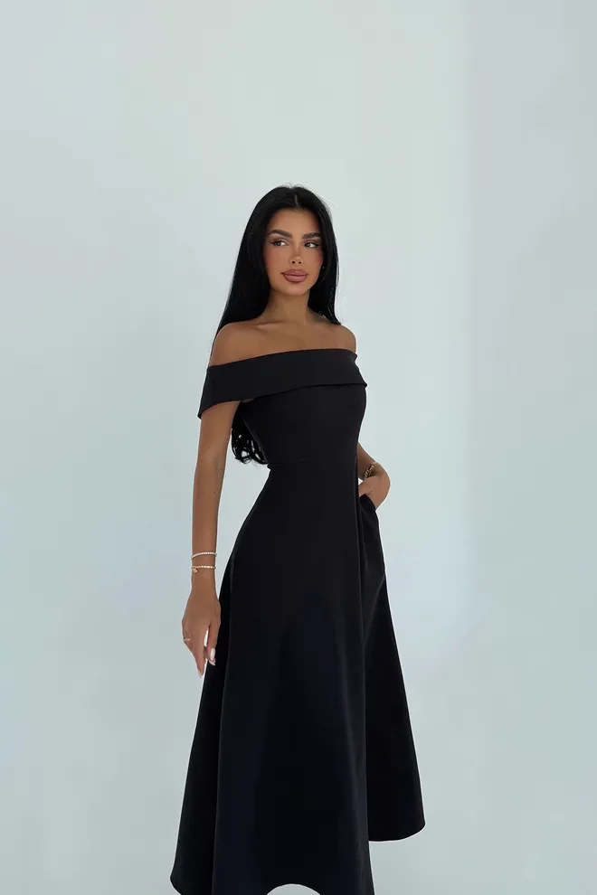 EYYO ATELIER Элегантное Черное Платье А силуэта С Открытыми Плечами Оптовая продажа одежды 1