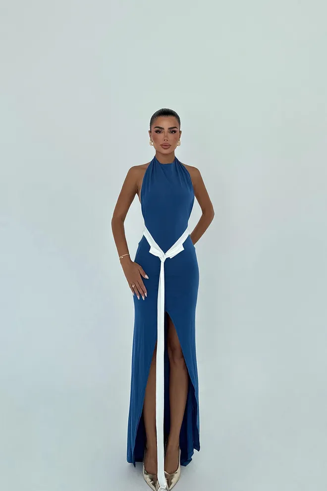 EYYO ATELIER Vestito Sexy Blu Senza Maniche Con Scollo All'americana Abbigliamento all'ingrosso Sexy