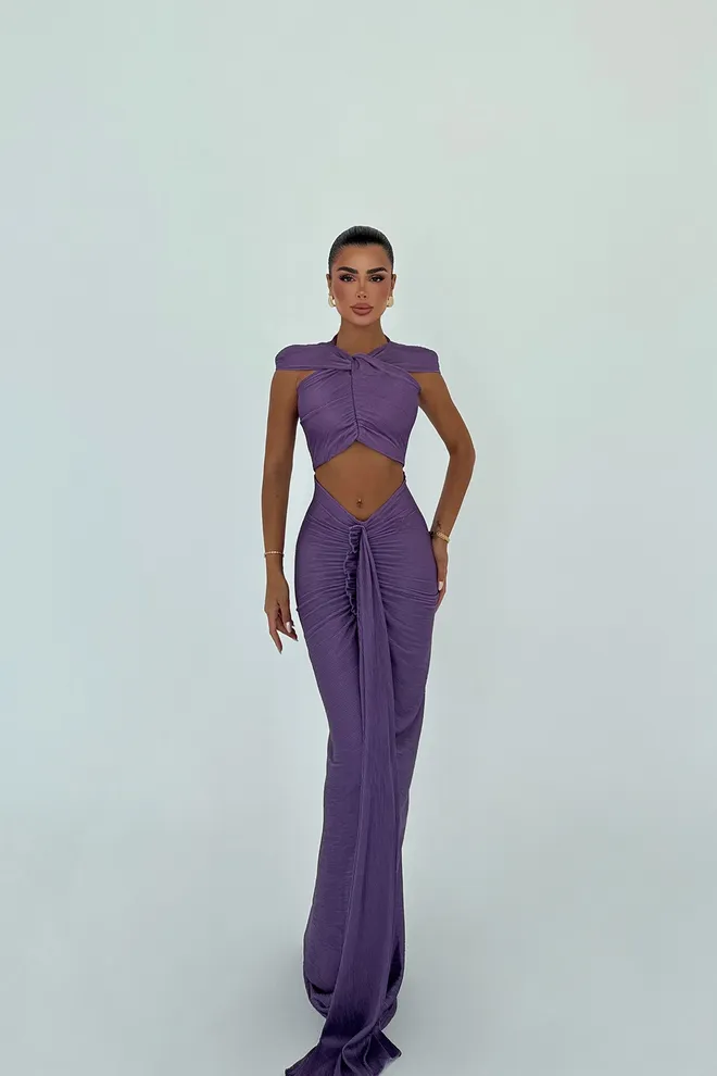 EYYO ATELIER Fialová Maxi Šaty S Výrezom A Bez Ramien Veľkoobchod s oblečením Sexy