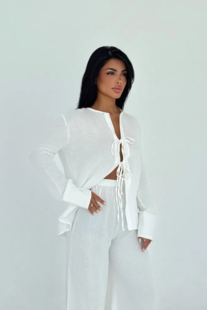 EYYO ATELIER Costum Alb Elegant Cu Pantaloni Palazzo Cu Picior Larg Îmbrăcăminte cu ridicata 1