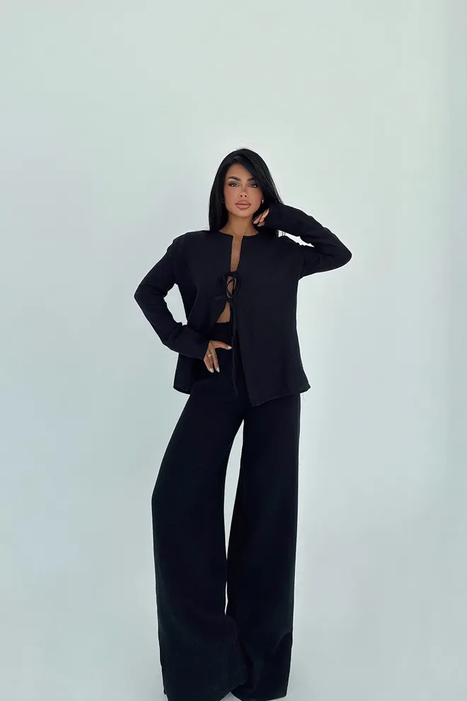 EYYO ATELIER Conjunto Casual Elegante Preto Com Calças Palazzo Roupas por atacado Modesto