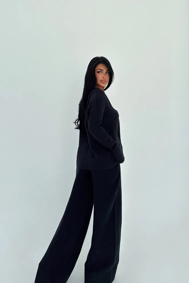 EYYO ATELIER Set Casual Elegant Negru Cu Pantaloni Palazzo Îmbrăcăminte cu ridicata Lejer