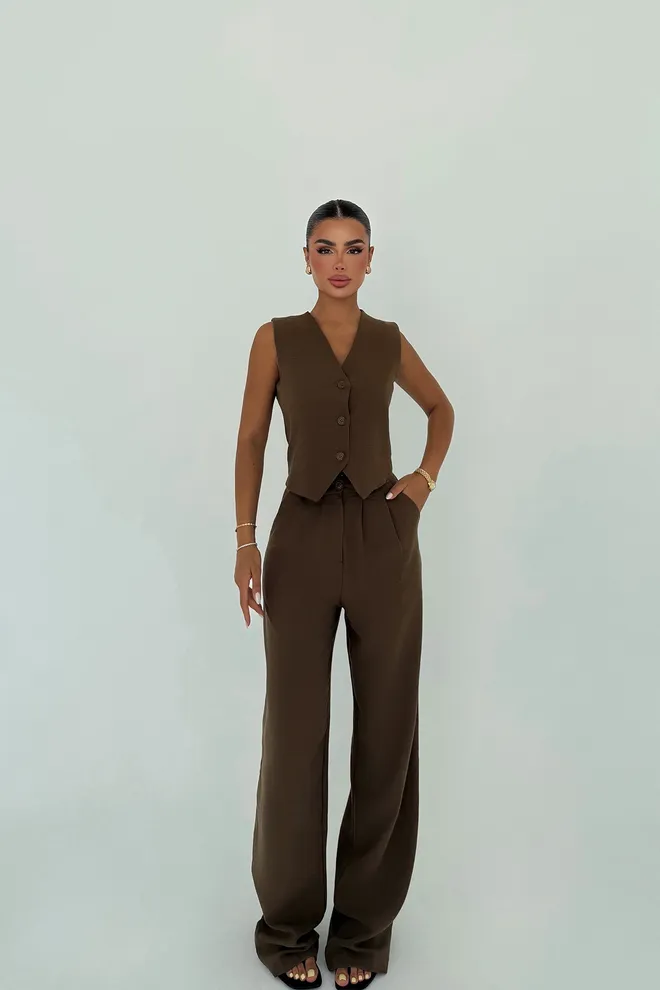 EYYO ATELIER Bruin Formeel Elegant Pak Met Wijde Palazzo Broek Groothandel Kleding Formeel