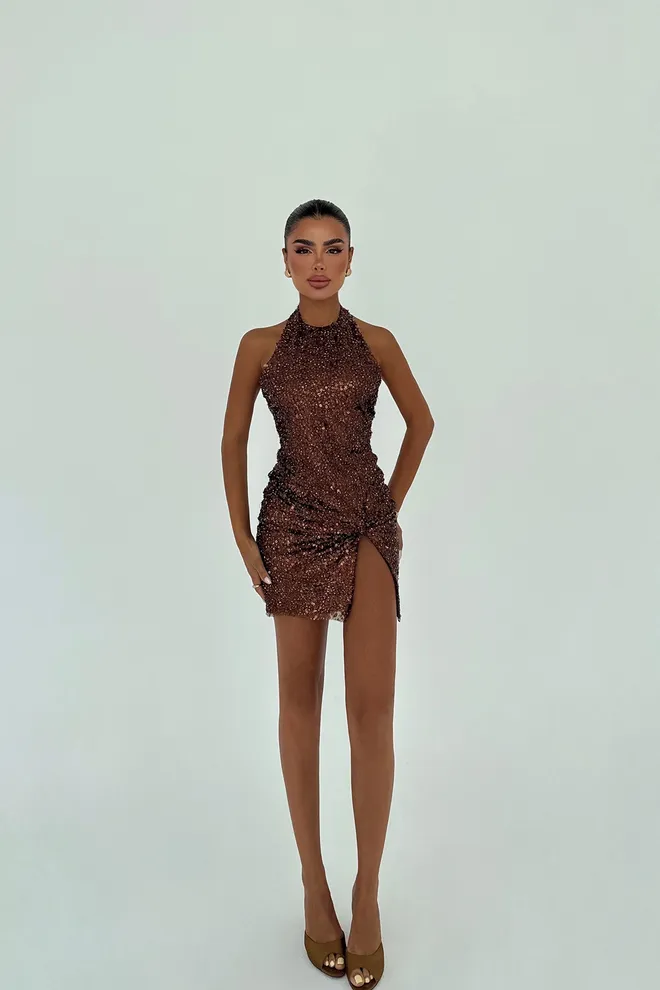 EYYO ATELIER Коричневое Мини Облегающее Платье С Блестками Оптовая продажа одежды Сексуальный