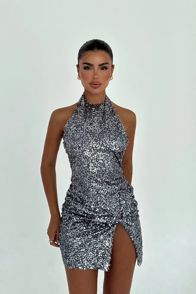 EYYO ATELIER Серебристое Платье Боди Кон Мини С Пайетками И Воротником Халтер С Кап Рукавом Оптовая продажа одежды Сексуальный