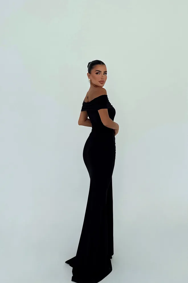 EYYO ATELIER Vestido Vaina Negro Glamuroso Con Cuello Sin Hombros Ropa al por mayor Cóctel