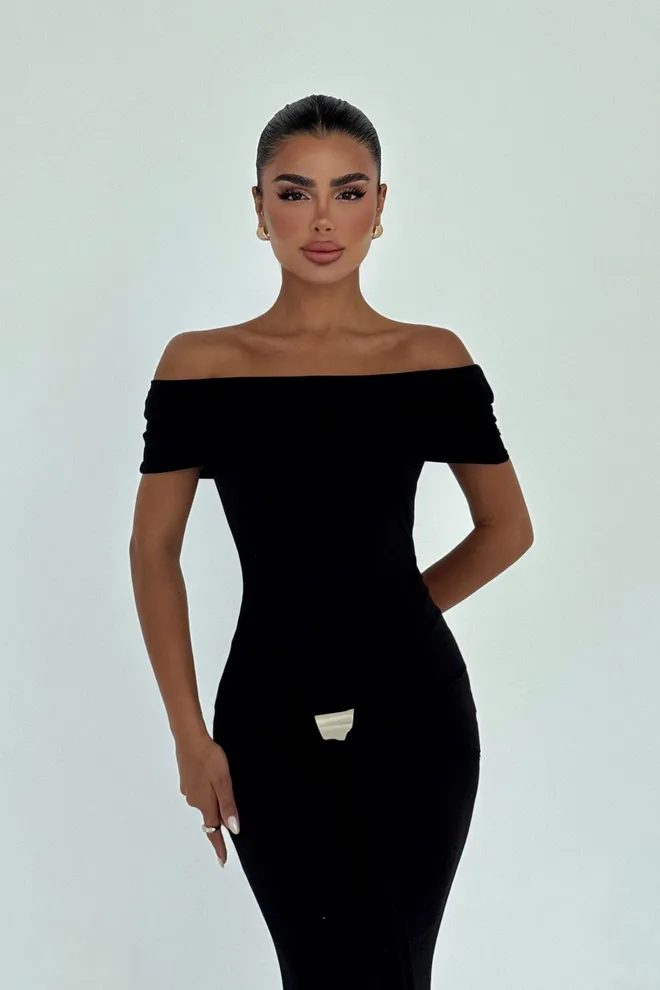 EYYO ATELIER Vestido Vaina Negro Glamuroso Con Cuello Sin Hombros Ropa al por mayor 1