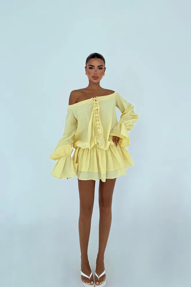 EYYO ATELIER Robe Babydoll Mini Jaune À Manches Cloche Vêtements en gros Décontracté