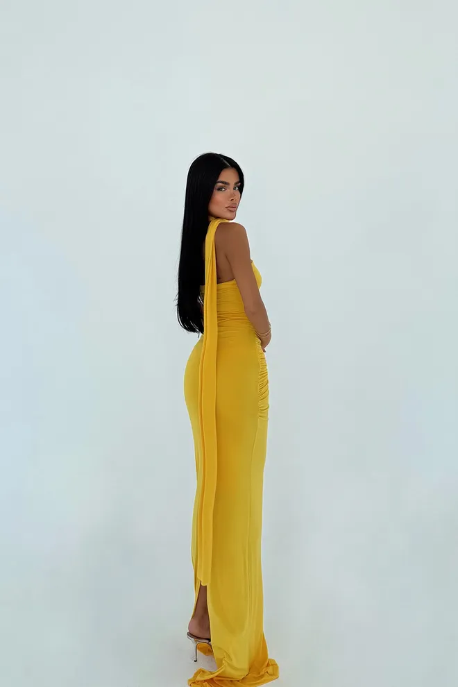 EYYO ATELIER Rochie Bodycon Galbenă Cu Decolteu Pe Un Singur Umăr Îmbrăcăminte cu ridicata Cocktail