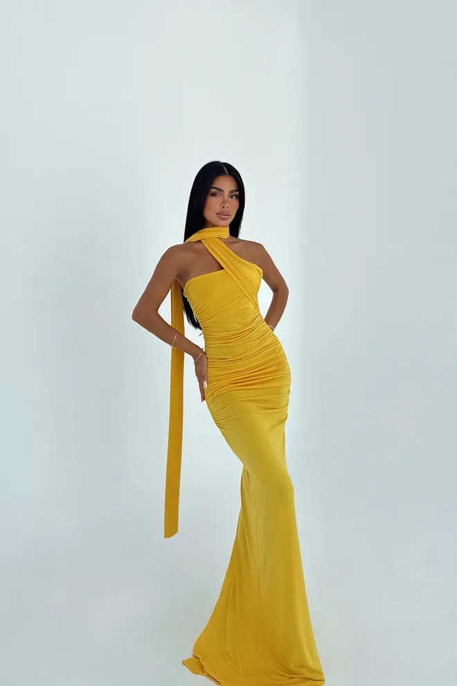 EYYO ATELIER Rochie Bodycon Galbenă Cu Decolteu Pe Un Singur Umăr Îmbrăcăminte cu ridicata Sexy