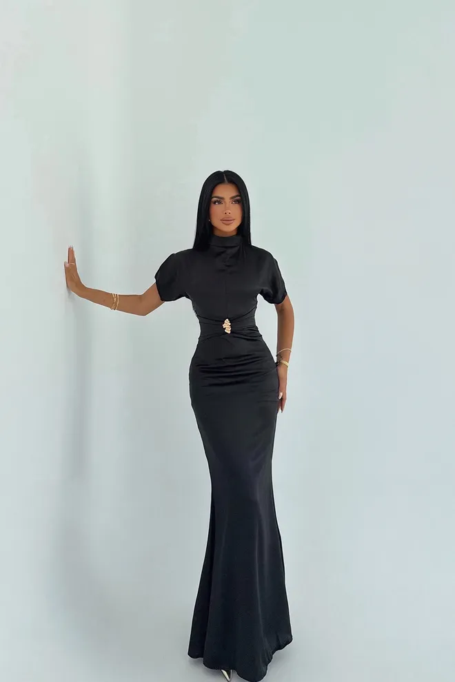 EYYO ATELIER Zarif Siyah Fit & Düz Elbise Karpuz Kısa Kollu Toptan Giyim Seksi