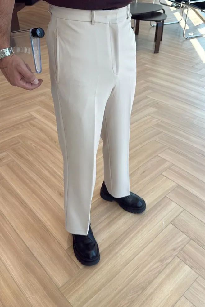 EYYO ATELIER Beige Chinos Pants – Elegant Straight Leg High Waist Wholesale Clothing Work