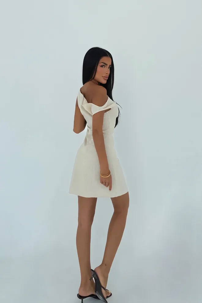 EYYO ATELIER Beige One Shoulder Neck Bodycon Mini Dress Wholesale Clothing Birthday