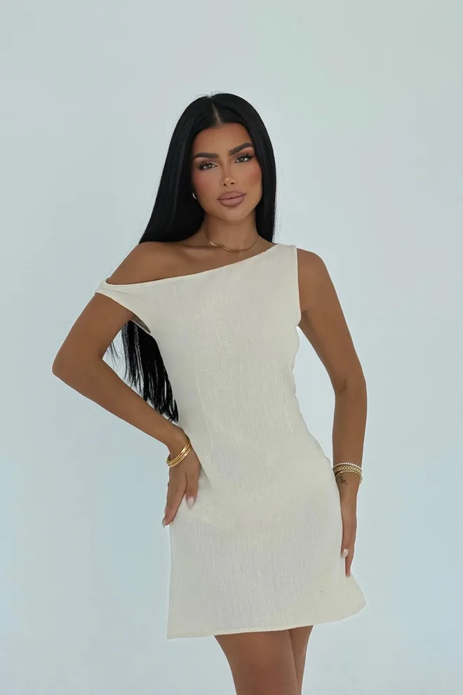 EYYO ATELIER Beige One Shoulder Neck Bodycon Mini Dress Wholesale Clothing Casual