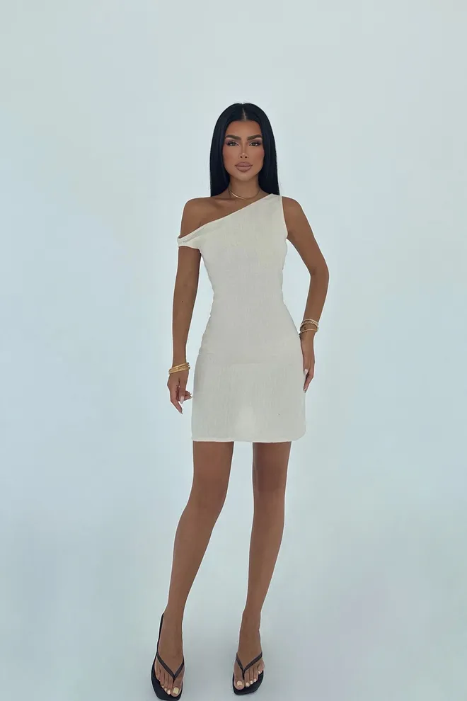 EYYO ATELIER Beige One Shoulder Neck Bodycon Mini Dress Wholesale Clothing 1