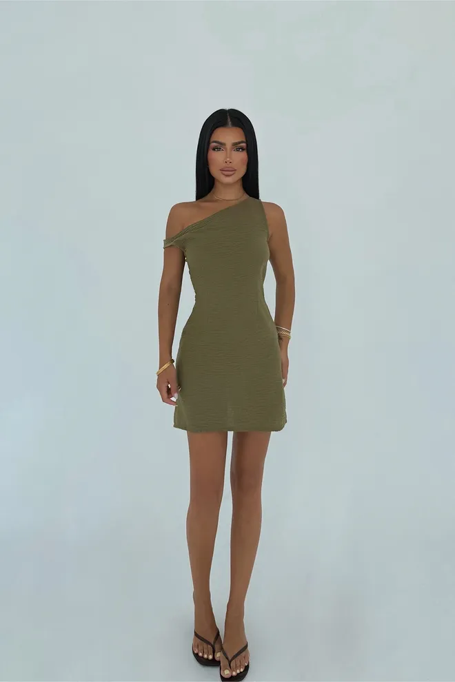 EYYO ATELIER Khaki One Shoulder Neck Bodycon Mini Dress Wholesale Clothing Casual