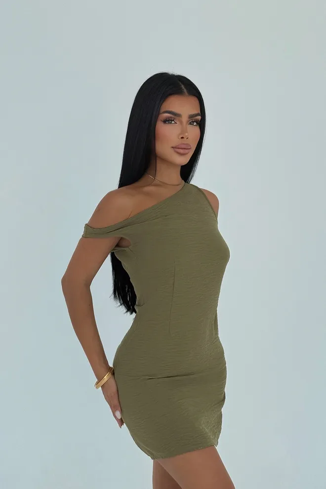EYYO ATELIER Khaki One Shoulder Neck Bodycon Mini Dress Wholesale Clothing 1