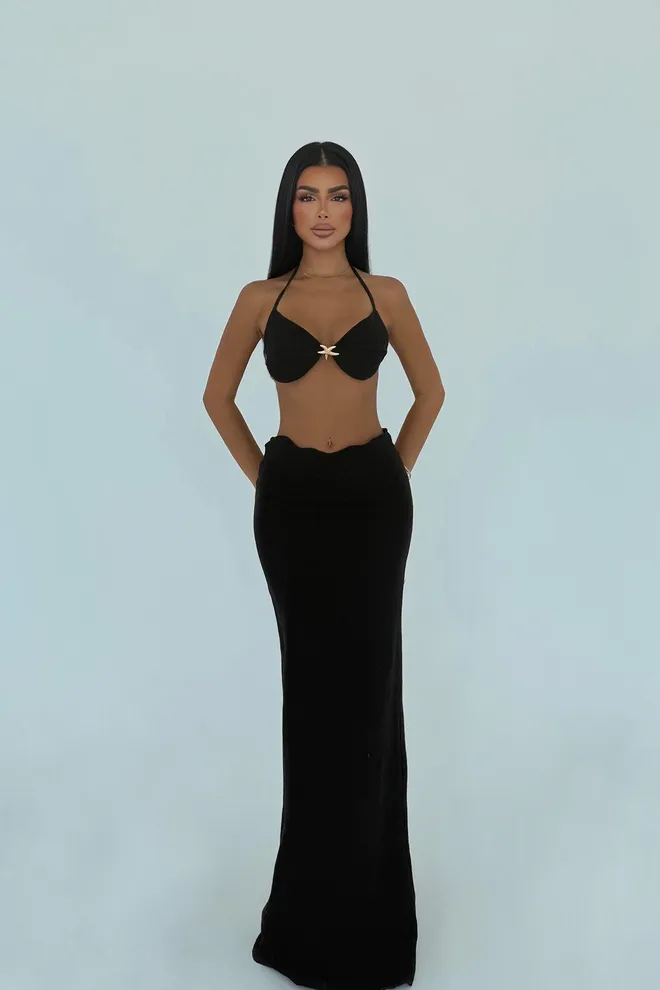 EYYO ATELIER Conjunto Negro Glam Corte Ajustado Falda Lápiz Maxi Ropa al por mayor Sexy