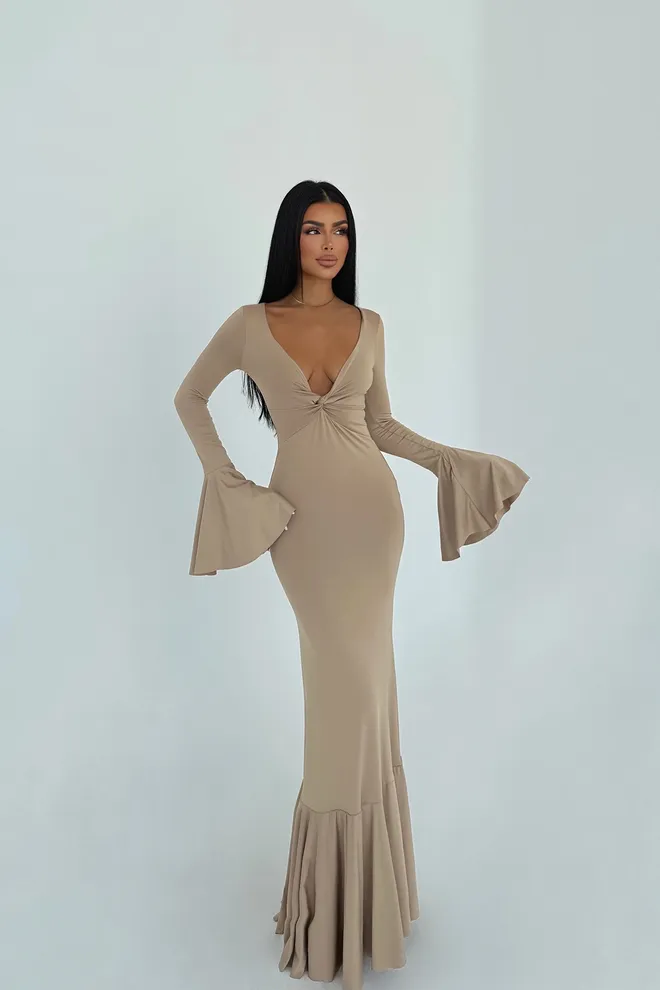 EYYO ATELIER Beige Sexy Elegant Formal Glam Bodycon Dress Wholesale Clothing Sexy