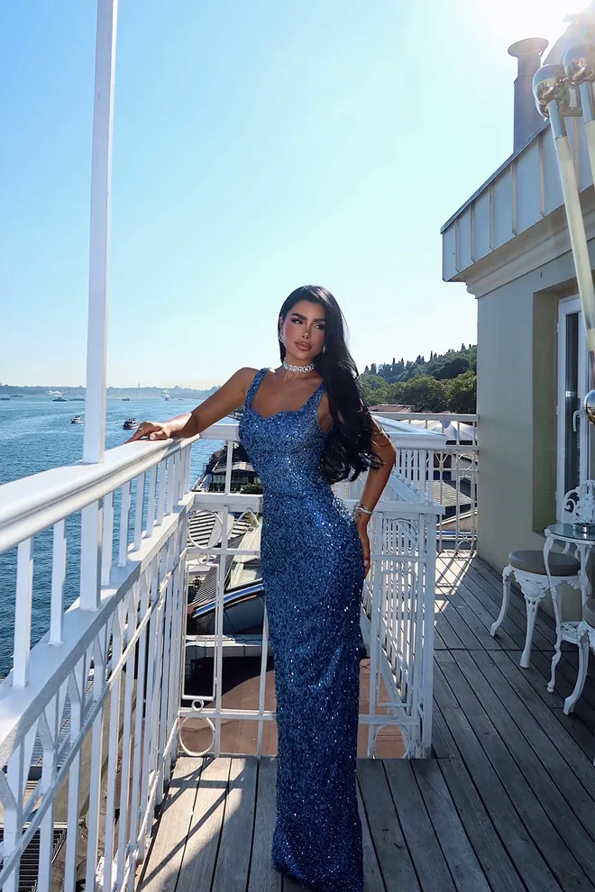 EYYO ATELIER Robe Bleue Sexy Élégante À Paillettes Moulante Vêtements en gros Sexy