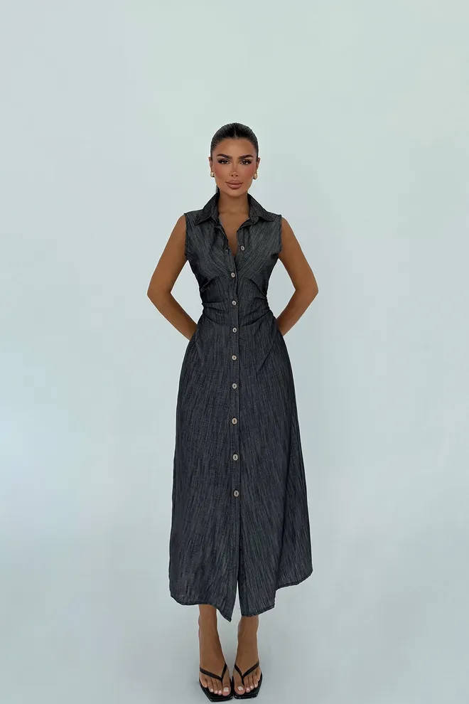 EYYO ATELIER فستان أسود مخطط بلا أكمام غمد ماكسي ملابس بالجملة غير رسمي