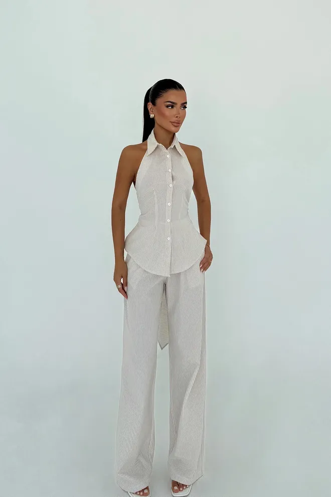 EYYO ATELIER Conjunto Elegante Bege Listrado Com Palazzo E Decote Halter Roupas por atacado Casual