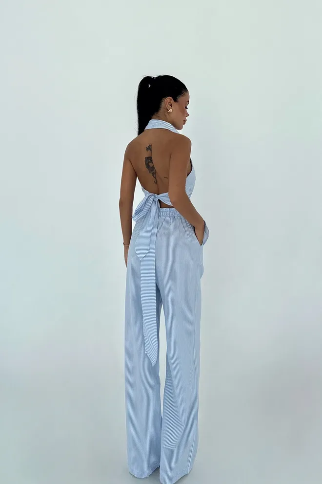 EYYO ATELIER Fato Azul Às Riscas Slim Fit Sem Mangas Roupas por atacado Trabalho