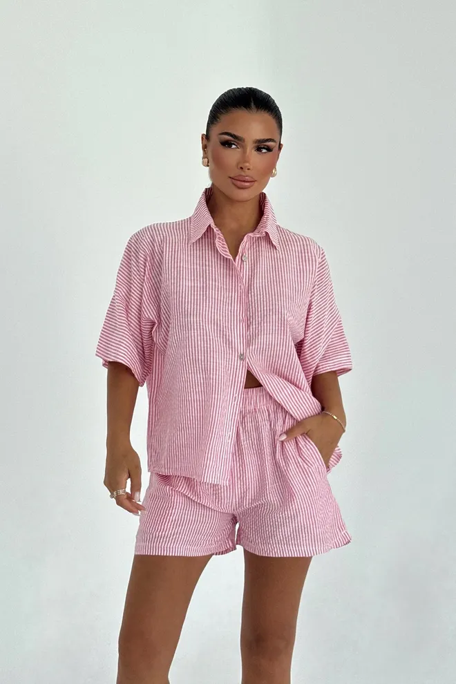 EYYO ATELIER Pembe Çizgili Gündelik Bol Kalıp Polo Yaka Set Toptan Giyim Gündelik