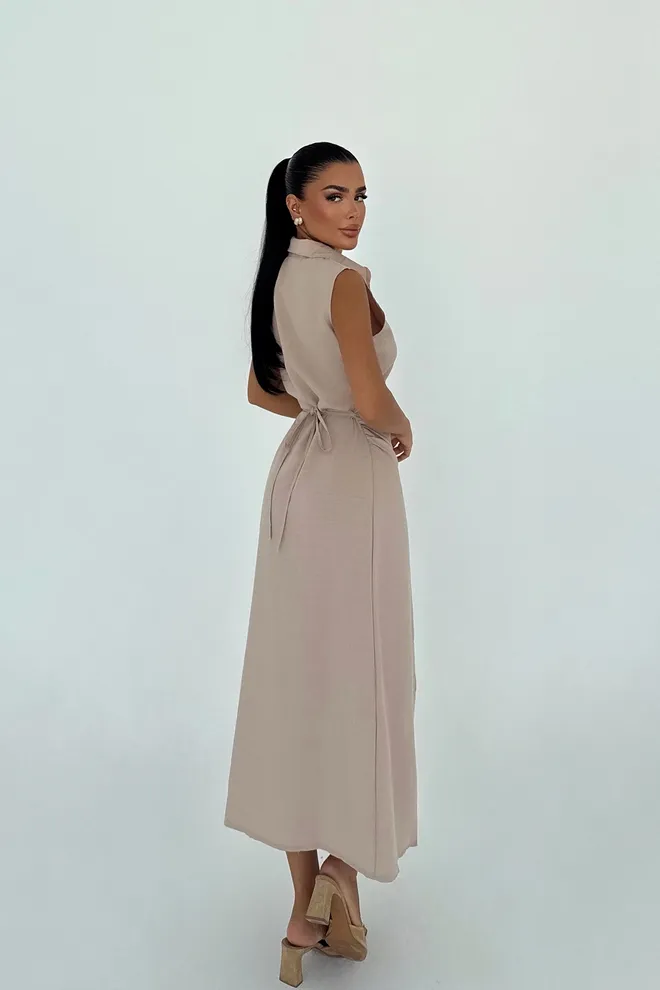 EYYO ATELIER Beige Shirt Dress With Notched Neck And Cap Sleeves Wholesale Clothing Lounge