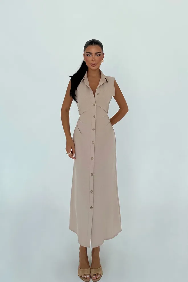 EYYO ATELIER Beige Shirt Dress With Notched Neck And Cap Sleeves Wholesale Clothing 1