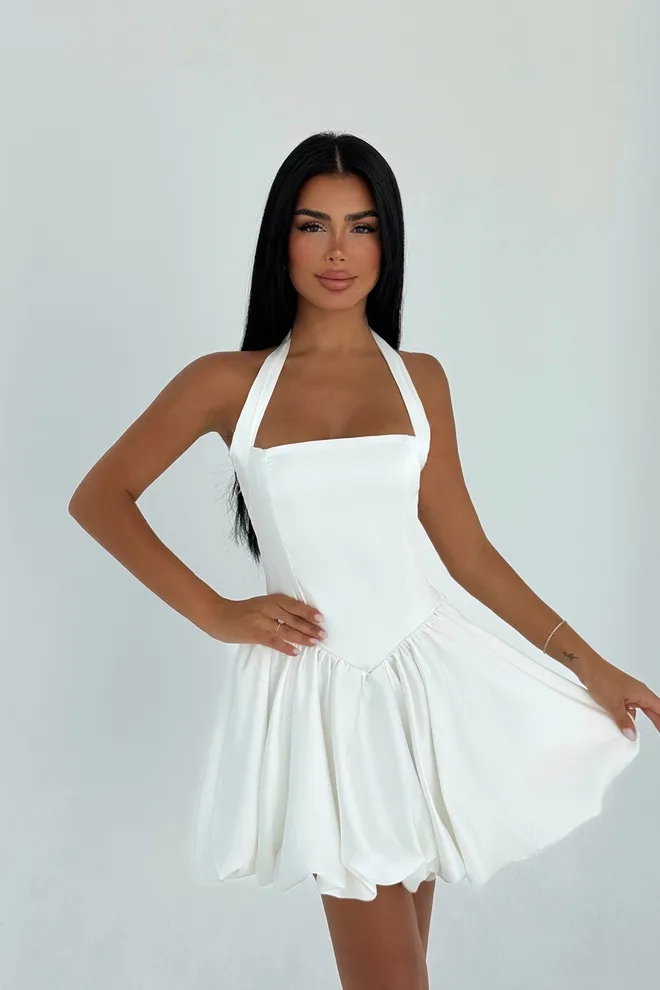 EYYO ATELIER Vestido Branco Sexy Fit And Flare Com Decote Halter E Comprimentos Mini Roupas por atacado Casual