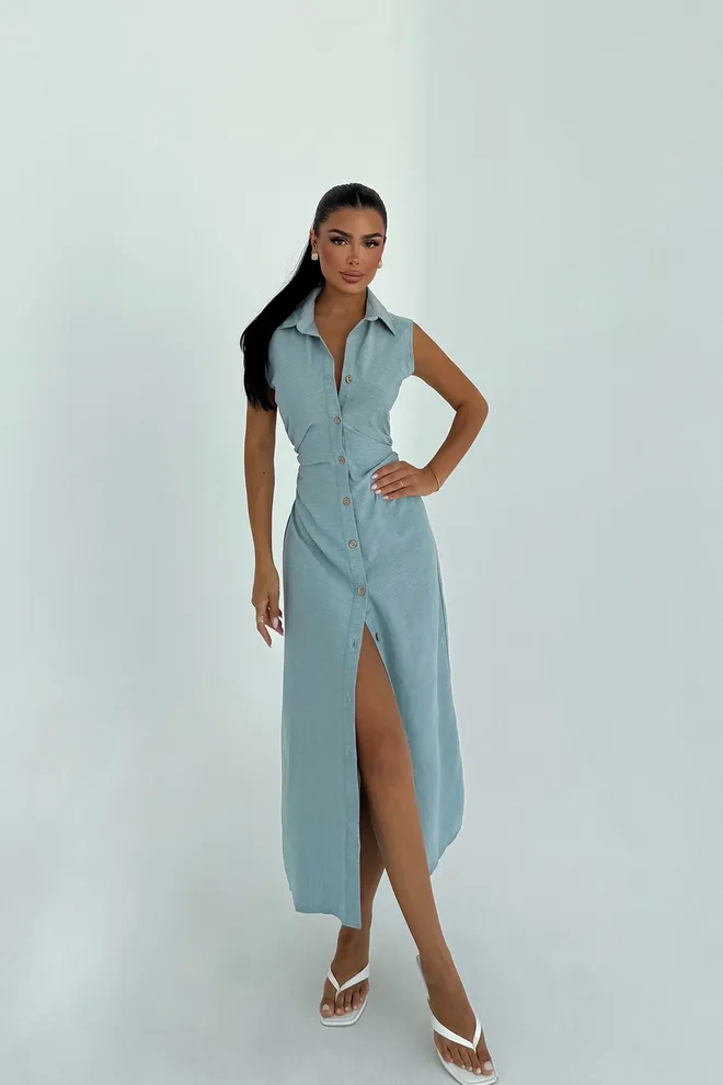 EYYO ATELIER Blue Sleeveless Maxi Shirt Dress With Notched Neck Wholesale Clothing 1