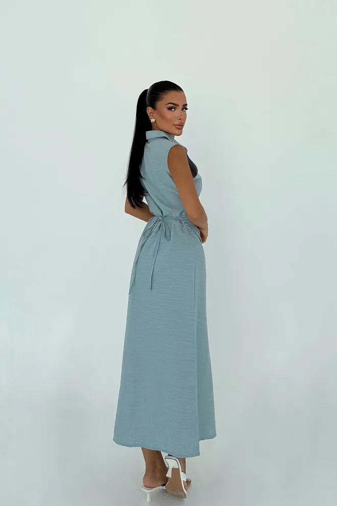 EYYO ATELIER Blue Sleeveless Maxi Shirt Dress With Notched Neck Wholesale Clothing Lounge