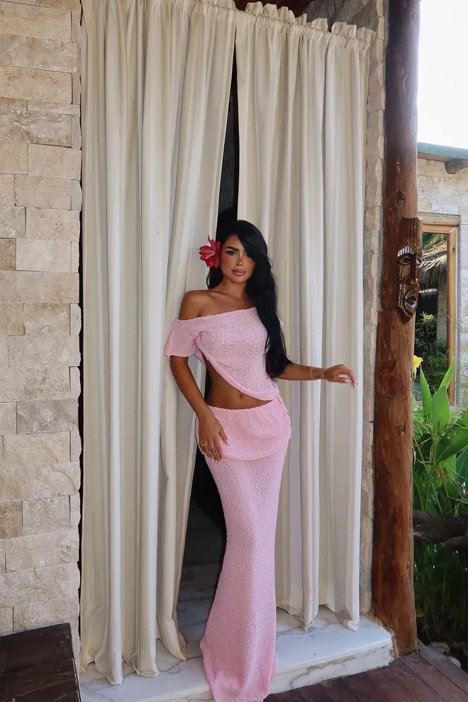 EYYO ATELIER Set Rosa Elegantes Slim Fit Meerjungfrau Maxi Rock Mittel Taille Großhandelskleidung Lässig