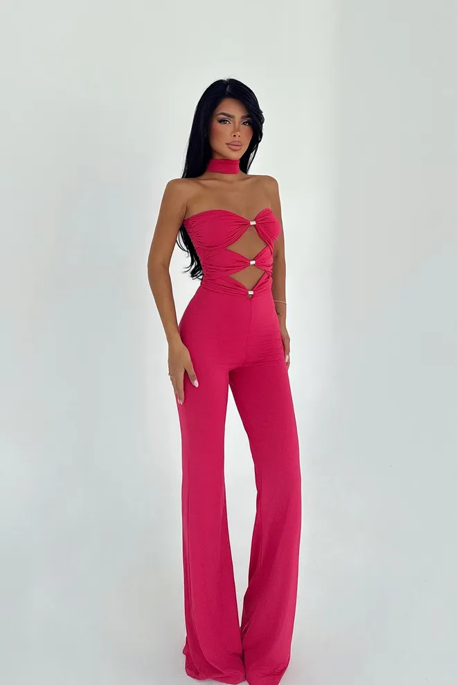 EYYO ATELIER Fuchsia Slim Fit Strapless Tailored Jumpsuit Wholesale Clothing 1