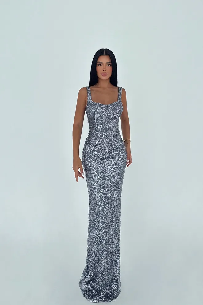 EYYO ATELIER Vestido Prata Elegante Glamoroso Formal Roupas por atacado Formal