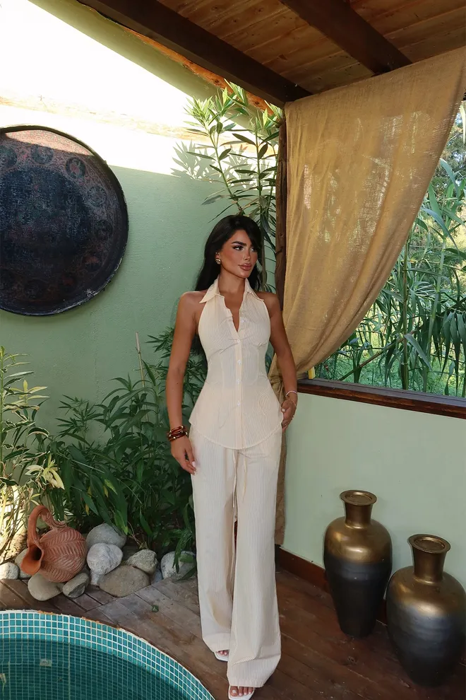 EYYO ATELIER Conjunto Bege Elegante Às Riscas Slim Fit Roupas por atacado Primavera
