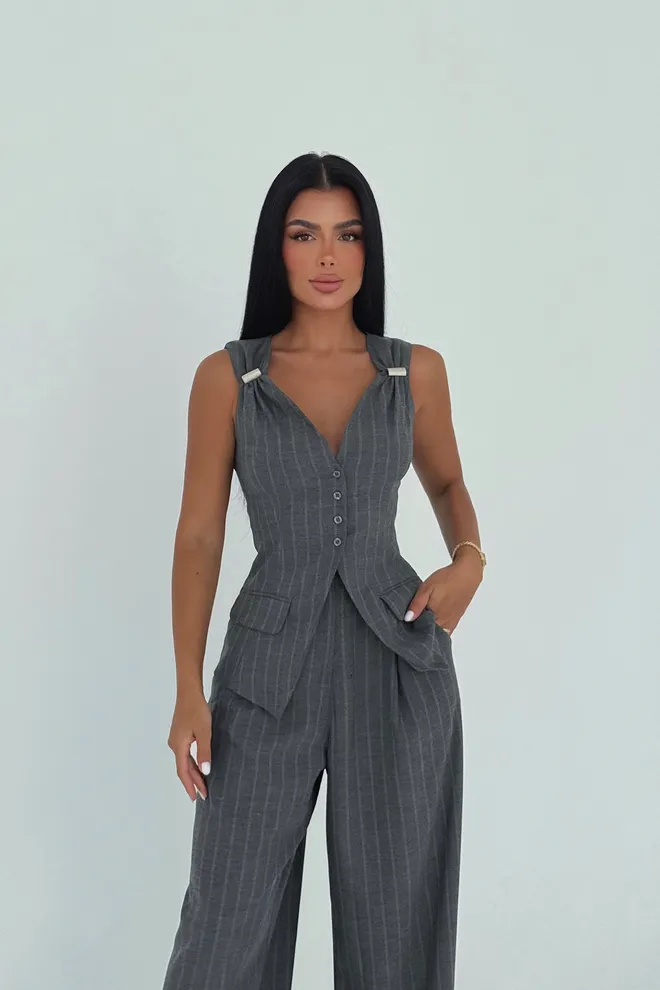 EYYO ATELIER Fato Cinzento Elegante Formal Às Riscas Roupas por atacado 1