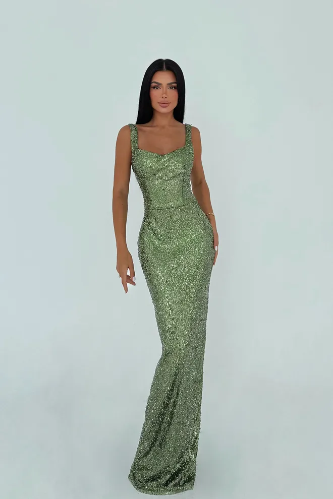 EYYO ATELIER Σέξι Πράσινο Bodycon Φόρεμα Με Sequined Μήκος Δαπέδου Χονδρικό εμπόριο ενδυμάτων Σέξι