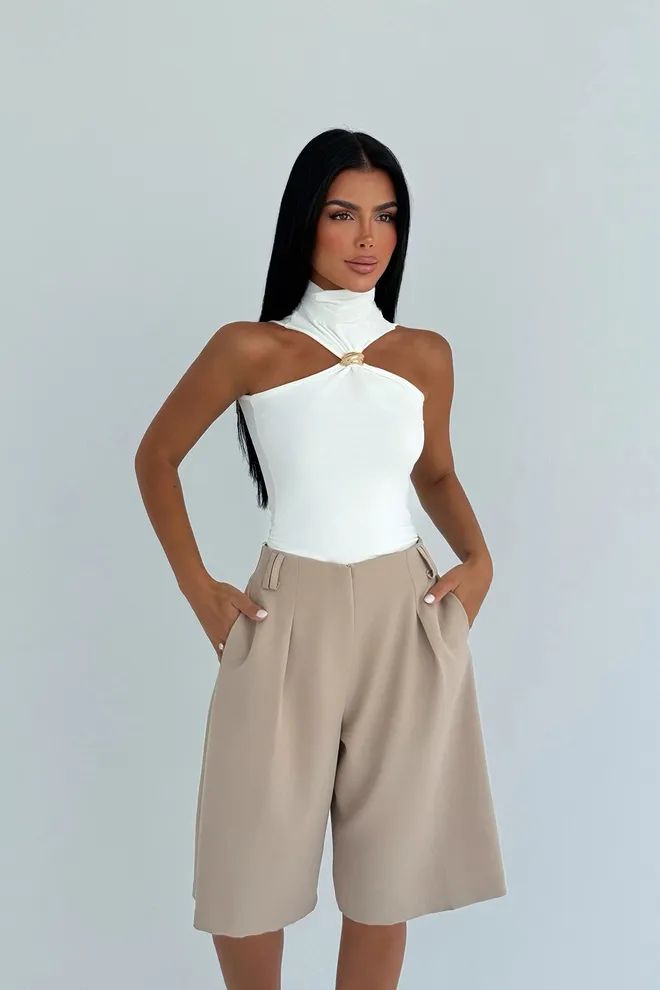 EYYO ATELIER Beige Elegant Casual Bermuda Shorts With High Waist Wholesale Clothing 1