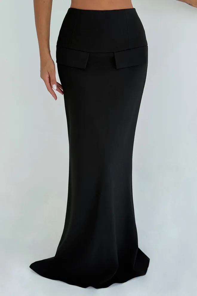 EYYO ATELIER Elegant Black Mermaid Maxi Skirt With Flap Pocket Wholesale Clothing 1